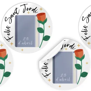 ROLLO 250 ETIQUETAS SANT JORDI REDONDAS LIBRO CON ROSA